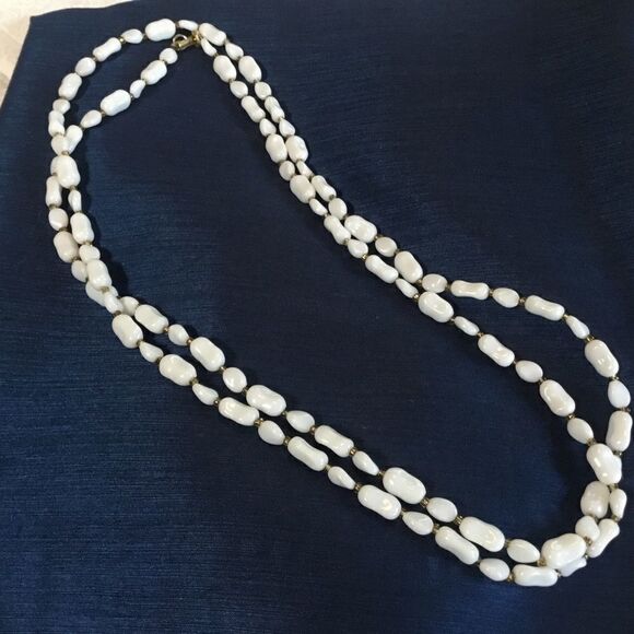 White Acrylic & Goldtone Long Necklace - Picture 1 of 5